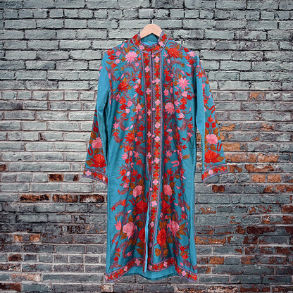 Indian Vintage Green Embroidered Kashmiri Coat, Aari Embroidery, Raw Silk Coat, Boho Jacket For Both Women/Men Indian Coat