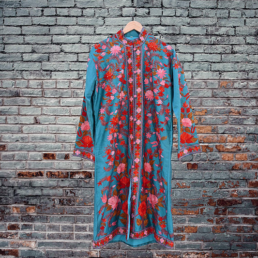 Indian Vintage Green Embroidered Kashmiri Coat, Aari Embroidery, Raw Silk Coat, Boho Jacket For Both Women/Men Indian Coat