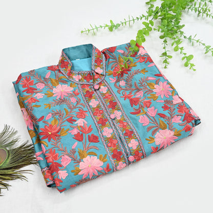 Indian Vintage Green Embroidered Kashmiri Coat, Aari Embroidery, Raw Silk Coat, Boho Jacket For Both Women/Men Indian Coat