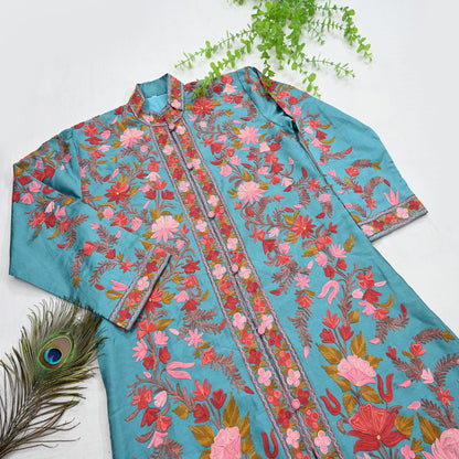 Indian Vintage Green Embroidered Kashmiri Coat, Aari Embroidery, Raw Silk Coat, Boho Jacket For Both Women/Men Indian Coat