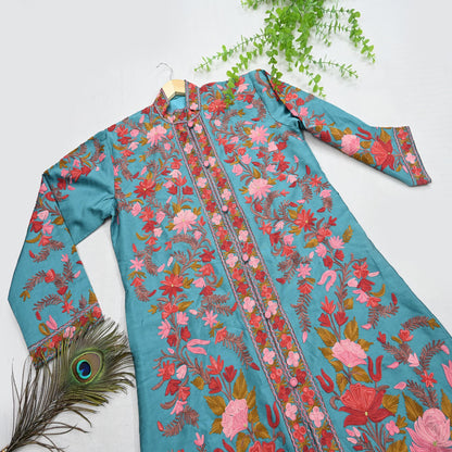 Indian Vintage Green Embroidered Kashmiri Coat, Aari Embroidery, Raw Silk Coat, Boho Jacket For Both Women/Men Indian Coat