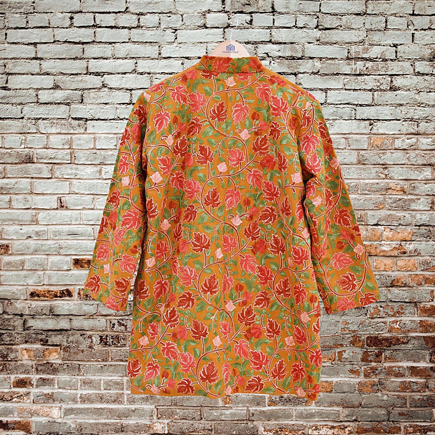 Indian Vintage Saffron Embroidered Kashmiri Coat, Aari Embroidery, Pure Woolen Coat, Boho Jacket For Both Women/Men Indian Coat