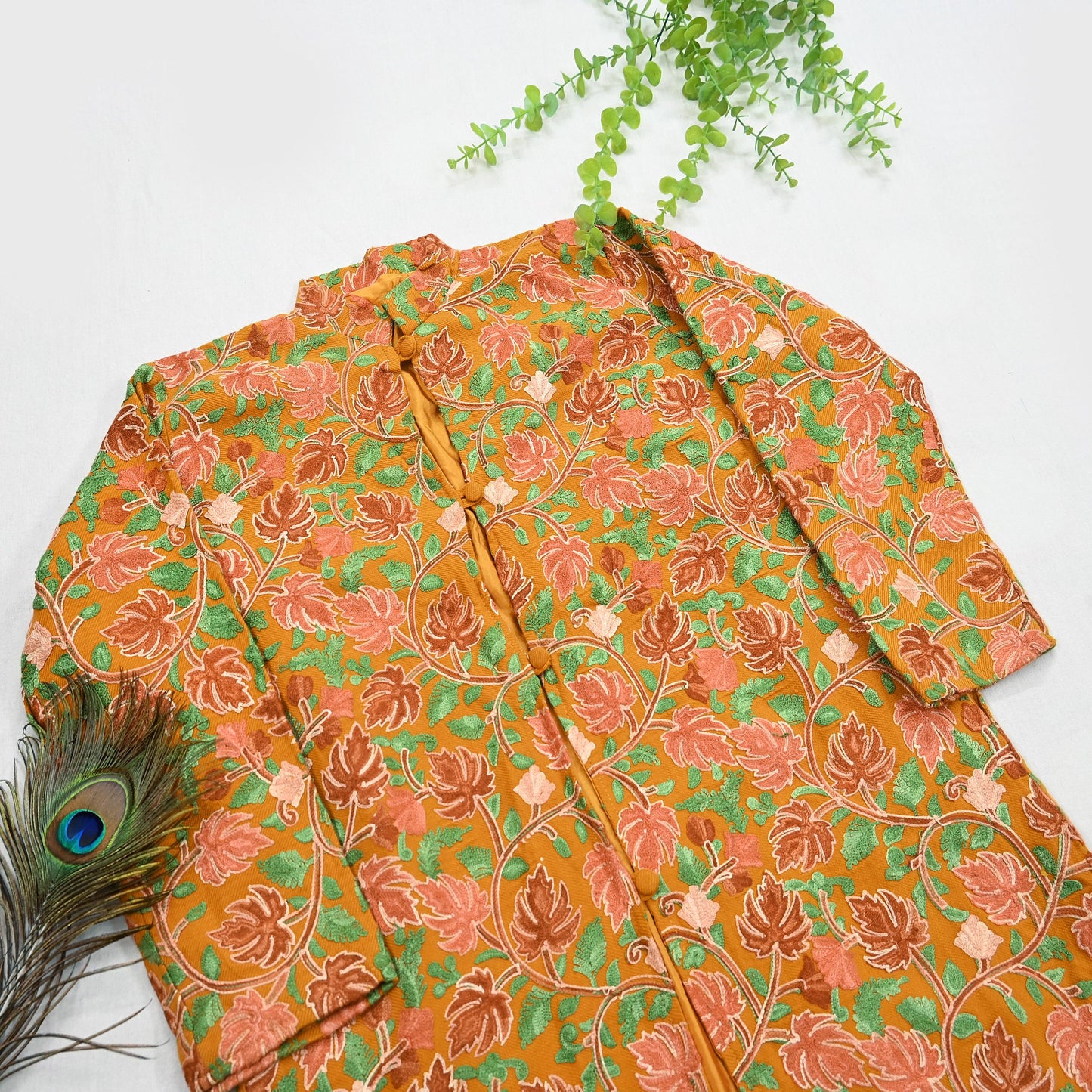 Indian Vintage Saffron Embroidered Kashmiri Coat, Aari Embroidery, Pure Woolen Coat, Boho Jacket For Both Women/Men Indian Coat