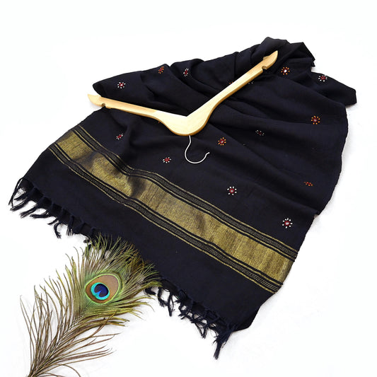 Indian Vintage Black Woolen Shawl Handmade Kutch work Long Throw Stole Warm Floral Design Upcycle Crafting Used For her Soft Cozy