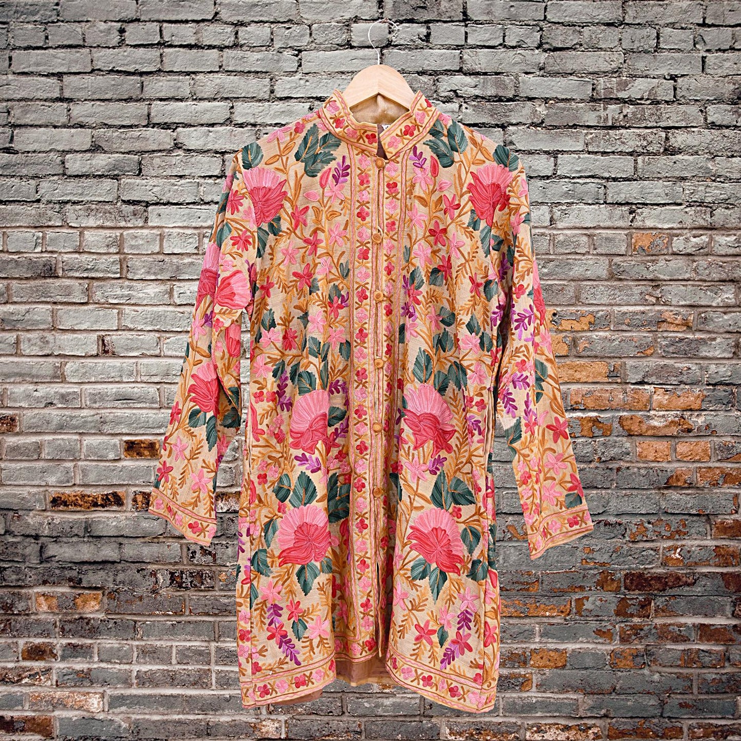 Indian Vintage Beige Embroidered Kashmiri Coat, Aari Embroidery, Raw Silk Coat, Boho Jacket For Both Women/Men Indian Coat