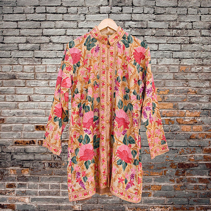 Indian Vintage Beige Embroidered Kashmiri Coat, Aari Embroidery, Raw Silk Coat, Boho Jacket For Both Women/Men Indian Coat