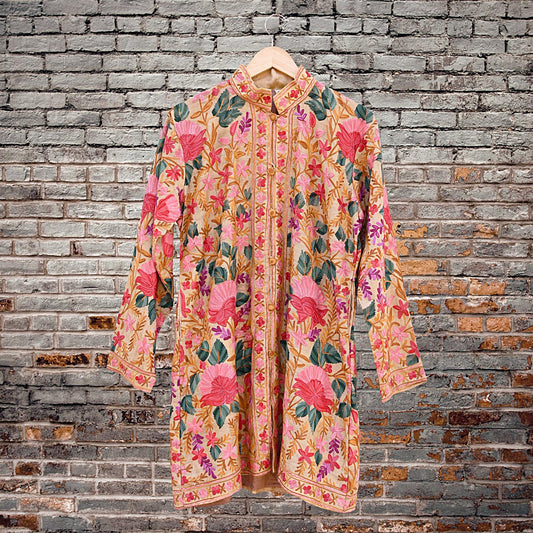 Indian Vintage Beige Embroidered Kashmiri Coat, Aari Embroidery, Raw Silk Coat, Boho Jacket For Both Women/Men Indian Coat