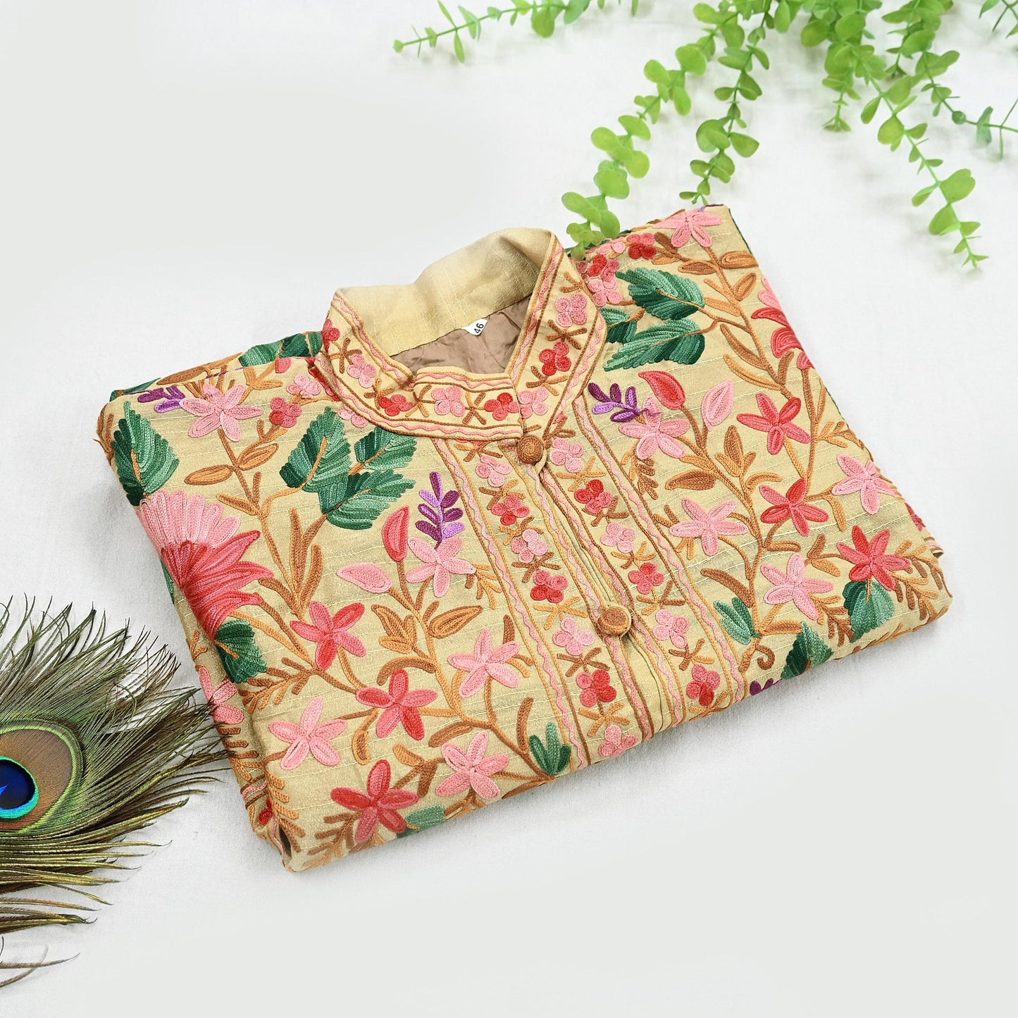 Indian Vintage Beige Embroidered Kashmiri Coat, Aari Embroidery, Raw Silk Coat, Boho Jacket For Both Women/Men Indian Coat