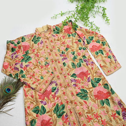 Indian Vintage Beige Embroidered Kashmiri Coat, Aari Embroidery, Raw Silk Coat, Boho Jacket For Both Women/Men Indian Coat