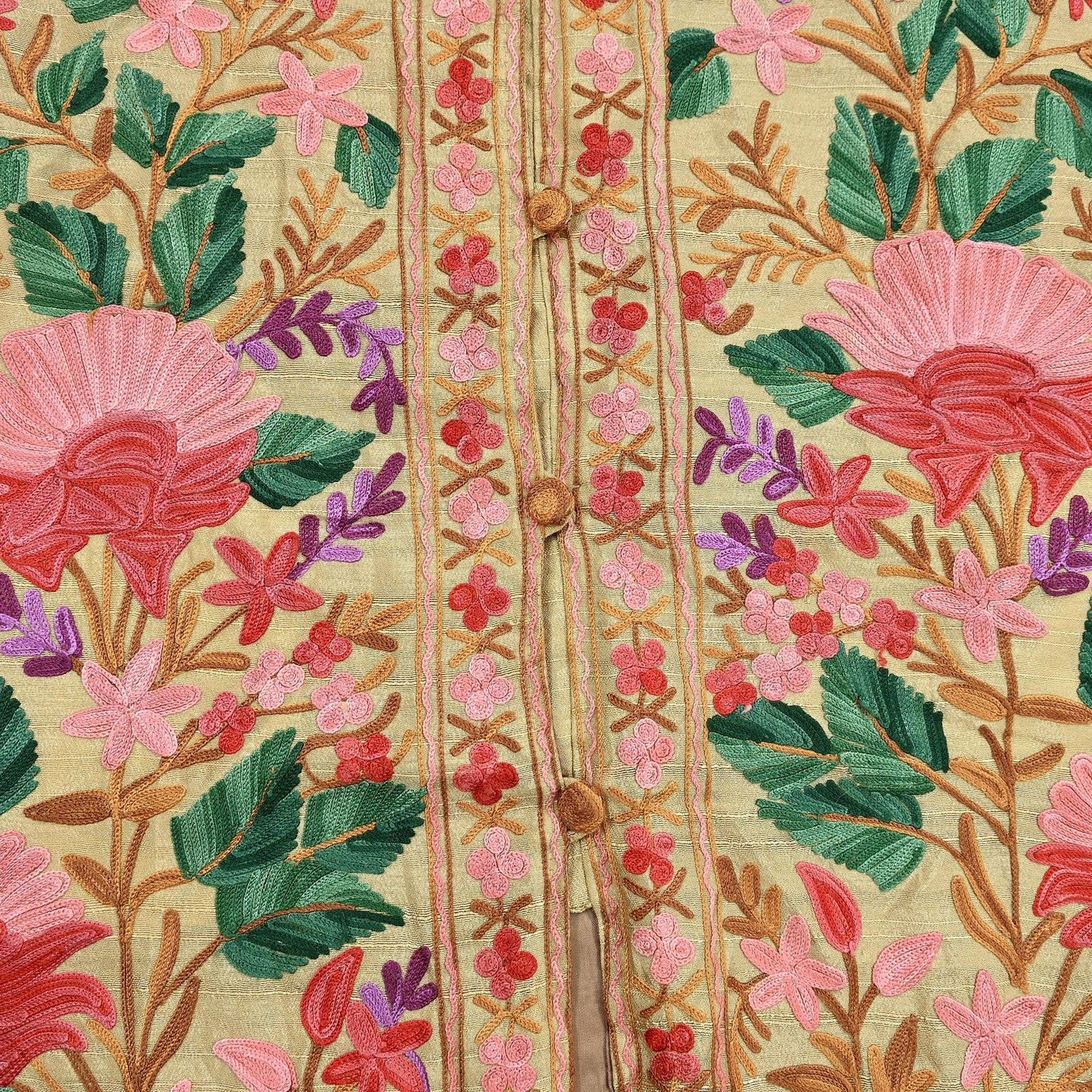 Indian Vintage Beige Embroidered Kashmiri Coat, Aari Embroidery, Raw Silk Coat, Boho Jacket For Both Women/Men Indian Coat