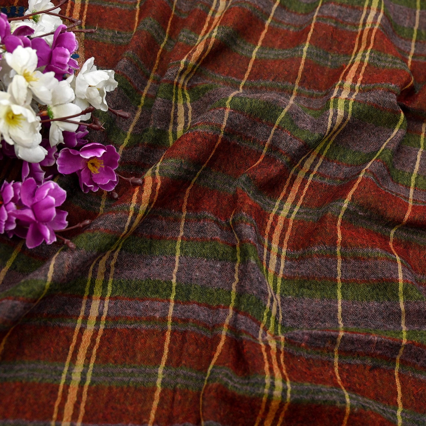 Indian Vintage Multi Pure Woolen Shawl Handmade Woven Work Long Throw Stole Warm Abstract Design Soft