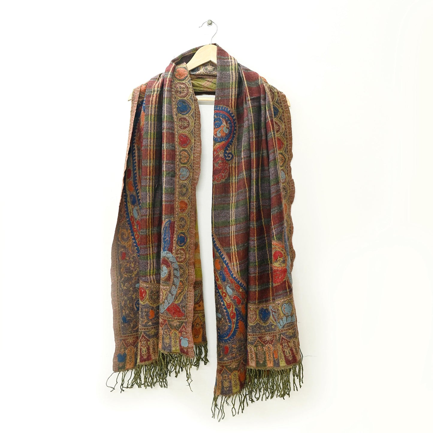 Indian Vintage Multi Pure Woolen Shawl Handmade Woven Work Long Throw Stole Warm Abstract Design Soft