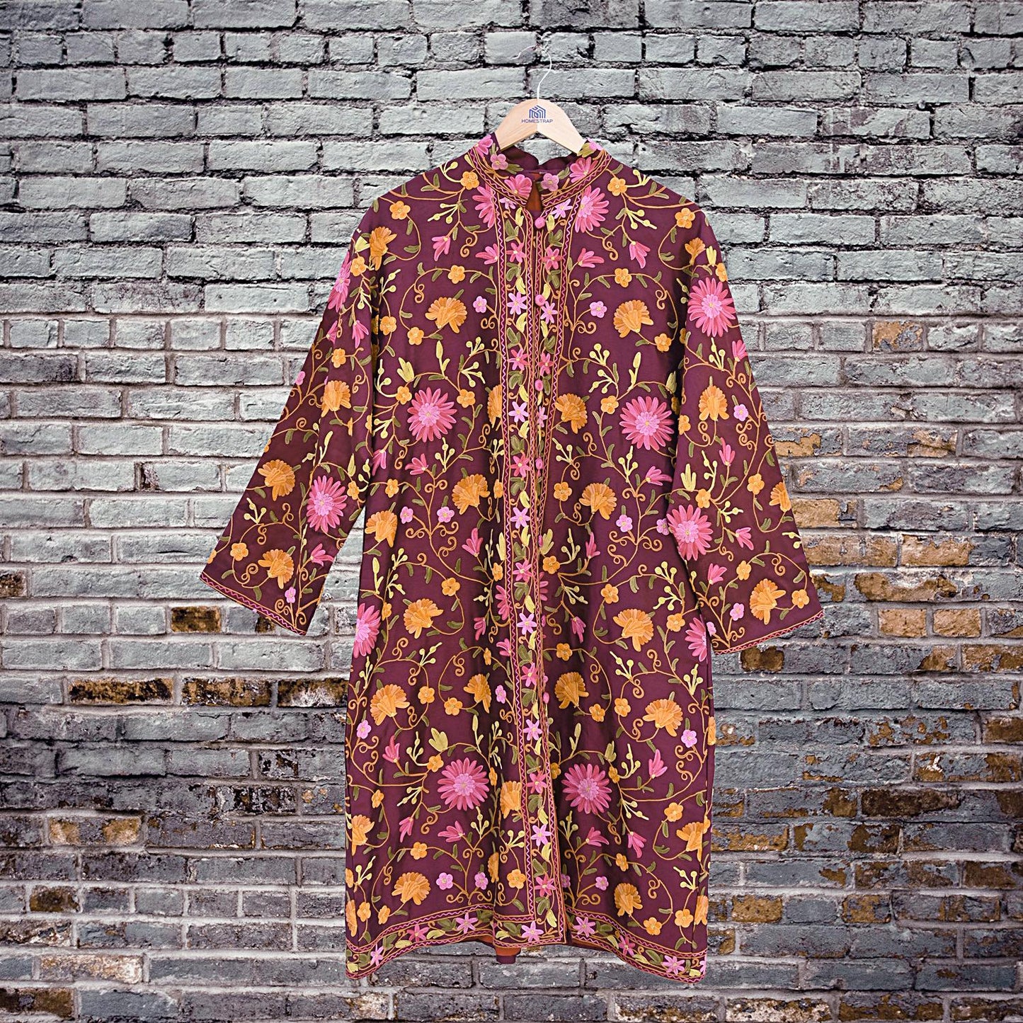Indian Vintage Wine Embroidered Kashmiri Coat, Aari Embroidery, Raw Silk Coat, Boho Jacket For Both Women/Men Indian Coat