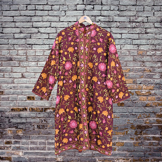 Indian Vintage Wine Embroidered Kashmiri Coat, Aari Embroidery, Raw Silk Coat, Boho Jacket For Both Women/Men Indian Coat
