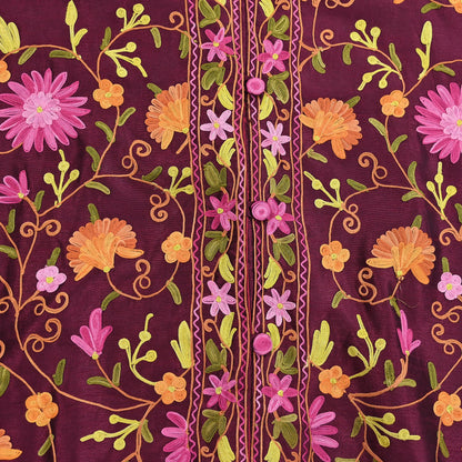 Indian Vintage Wine Embroidered Kashmiri Coat, Aari Embroidery, Raw Silk Coat, Boho Jacket For Both Women/Men Indian Coat