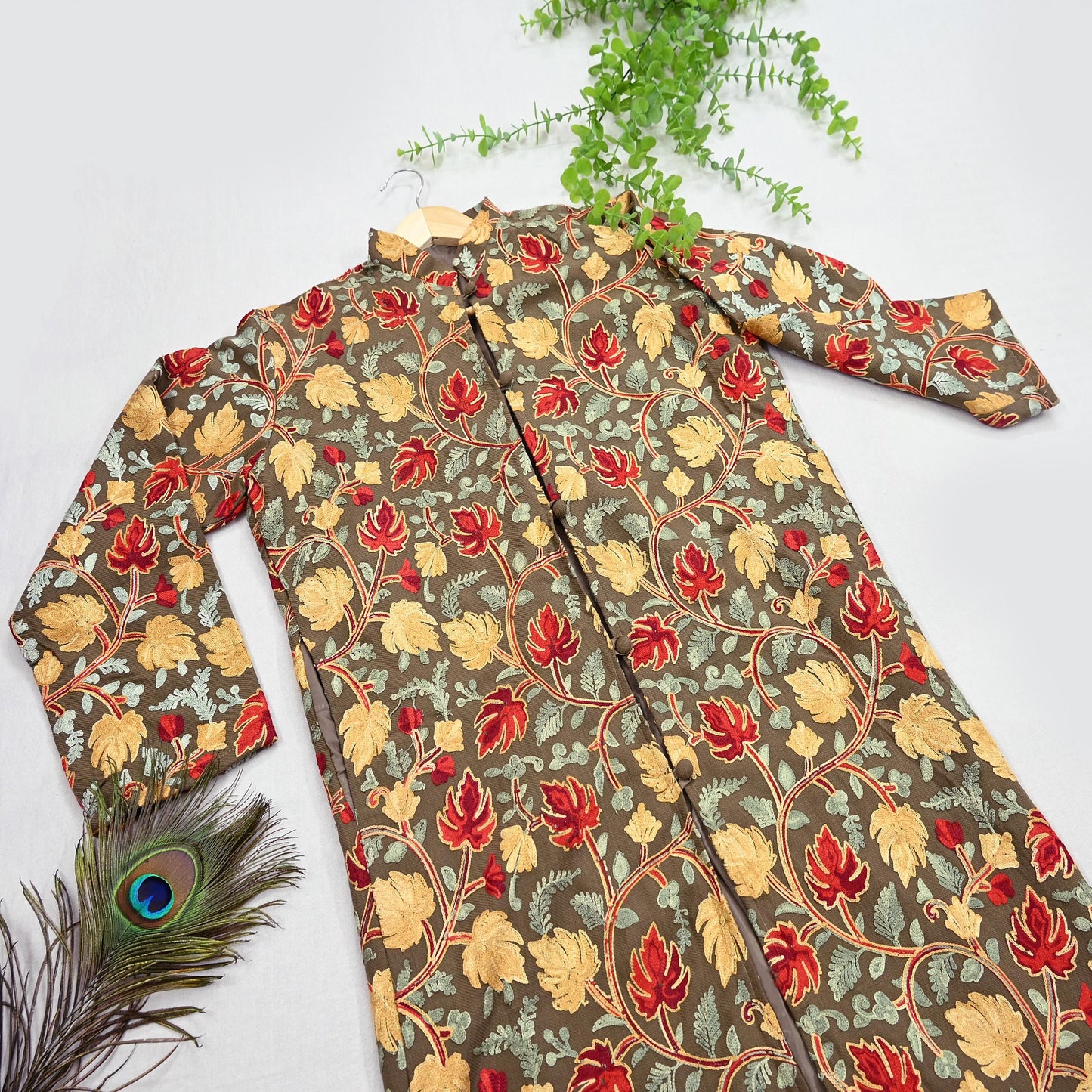 Indian Vintage Brown Embroidered Kashmiri Coat, Aari Embroidery, Pure Woolen Coat, Boho Jacket For Both Women/Men Indian Coat