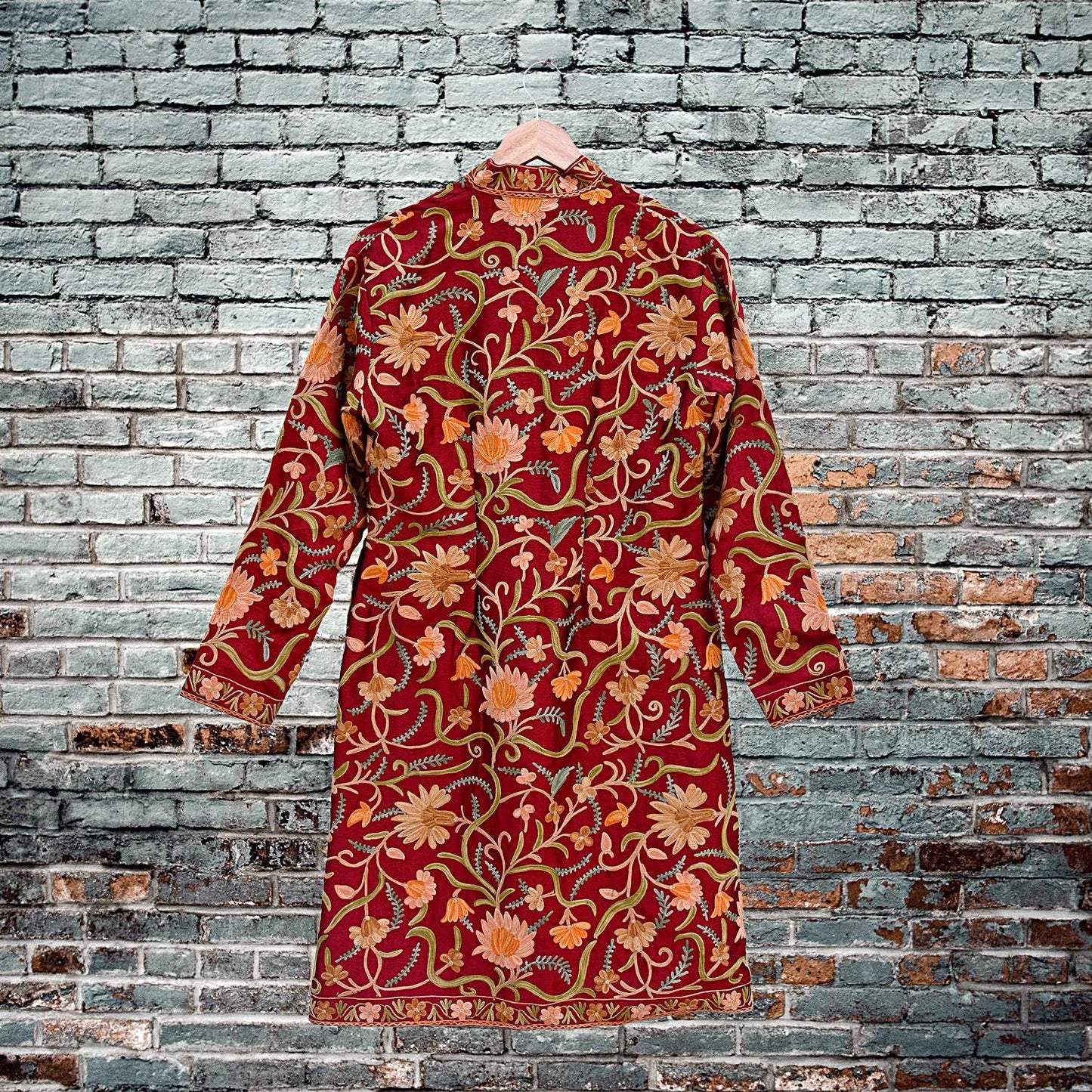 Indian Vintage Red Embroidered Kashmiri Coat, Aari Embroidery, Raw Silk Coat, Boho Jacket For Both Women/Men Indian Coat