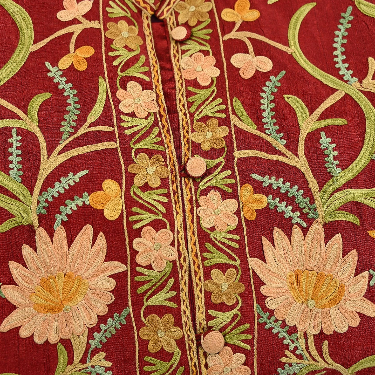 Indian Vintage Red Embroidered Kashmiri Coat, Aari Embroidery, Raw Silk Coat, Boho Jacket For Both Women/Men Indian Coat