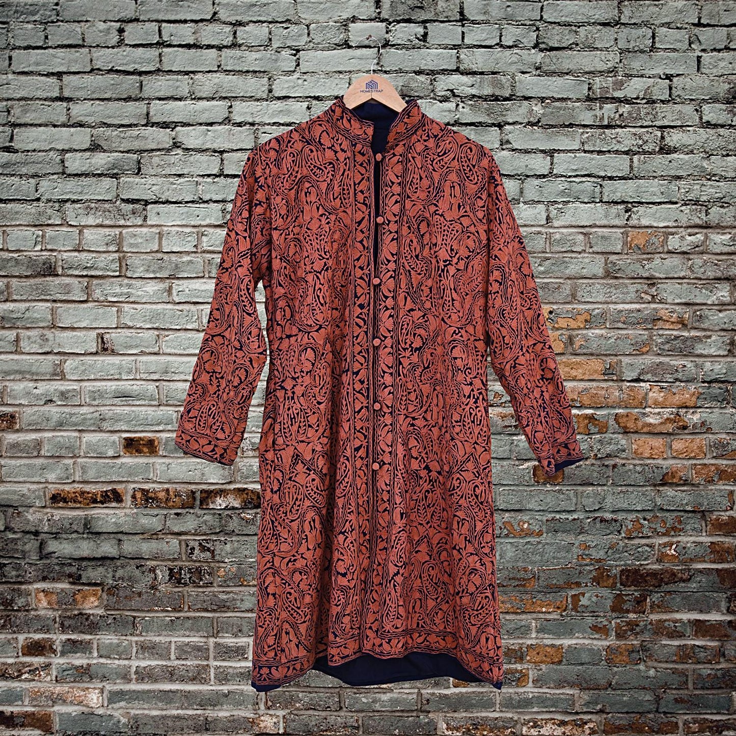 Indian Vintage Blue Embroidered Kashmiri Coat, Aari Embroidery, Pure Woolen Coat, Boho Jacket For Both Women/Men Indian Coat