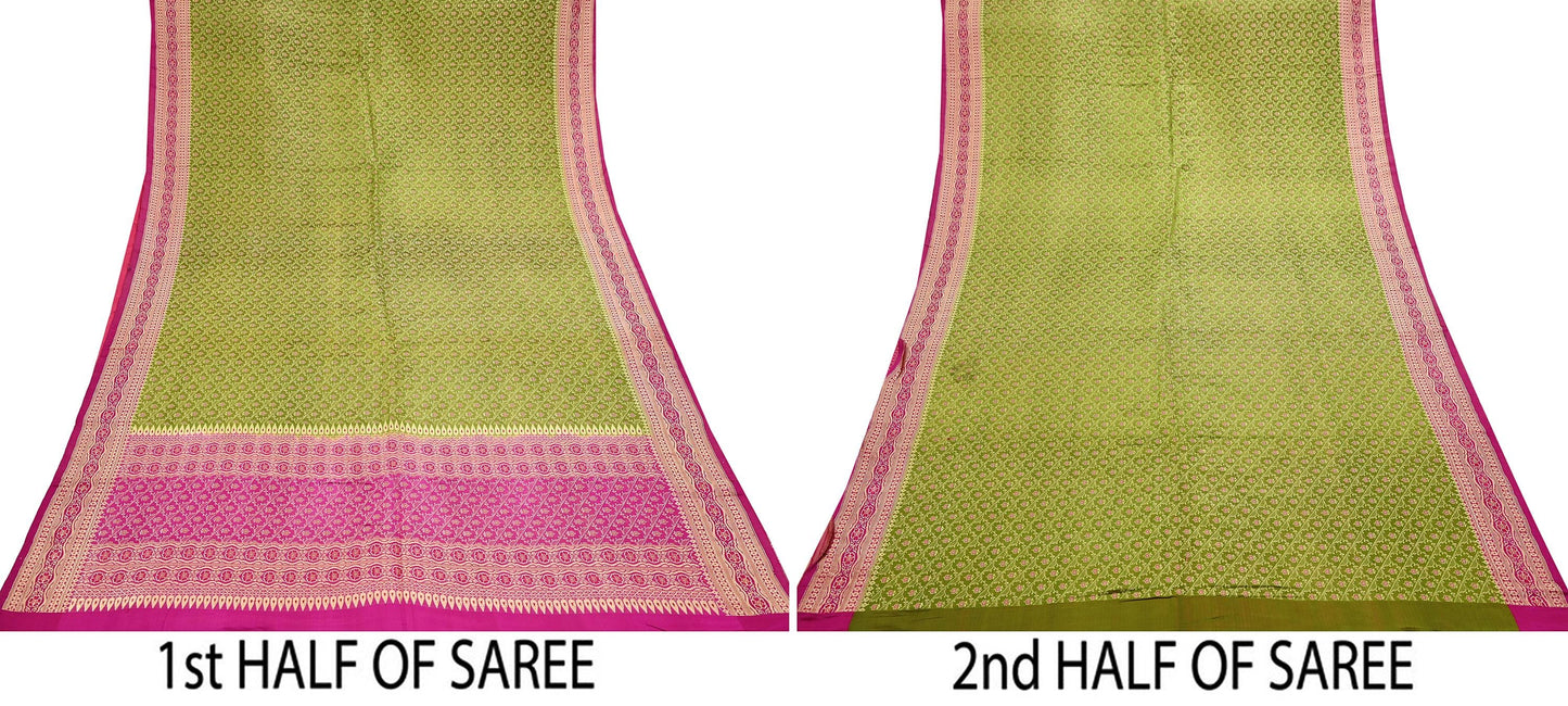 Indian Vintage Sari Purple & Green Heavy Pure Satin Silk Woven Banarasi Tanchoi Saree 5Yd Ethnic Craft Fabric Upcycle Bridal Heavy Sarees