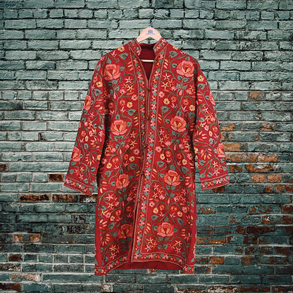 Indian Vintage Red Embroidered Kashmiri Coat, Aari Embroidery, Raw Silk Coat, Boho Jacket For Both Women/Men Indian Coat