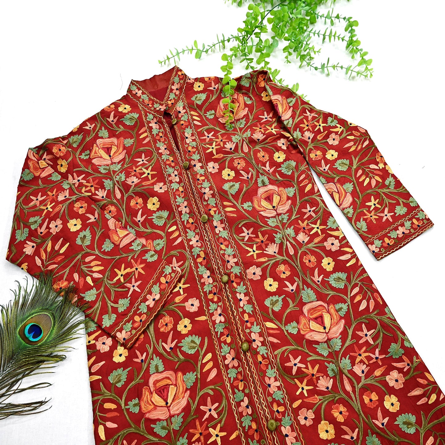 Indian Vintage Red Embroidered Kashmiri Coat, Aari Embroidery, Raw Silk Coat, Boho Jacket For Both Women/Men Indian Coat