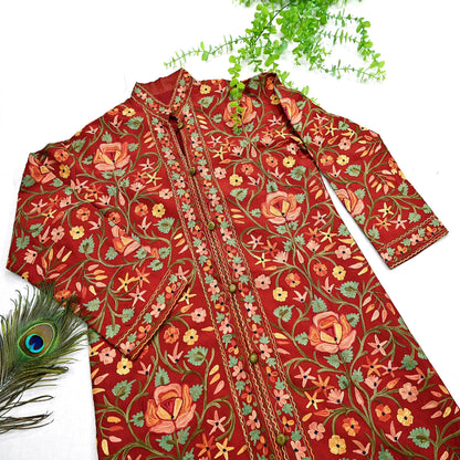 Indian Vintage Red Embroidered Kashmiri Coat, Aari Embroidery, Raw Silk Coat, Boho Jacket For Both Women/Men Indian Coat