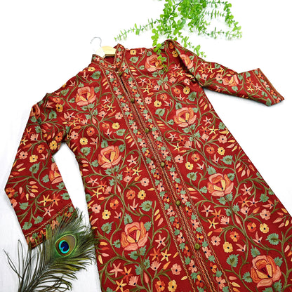 Indian Vintage Red Embroidered Kashmiri Coat, Aari Embroidery, Raw Silk Coat, Boho Jacket For Both Women/Men Indian Coat