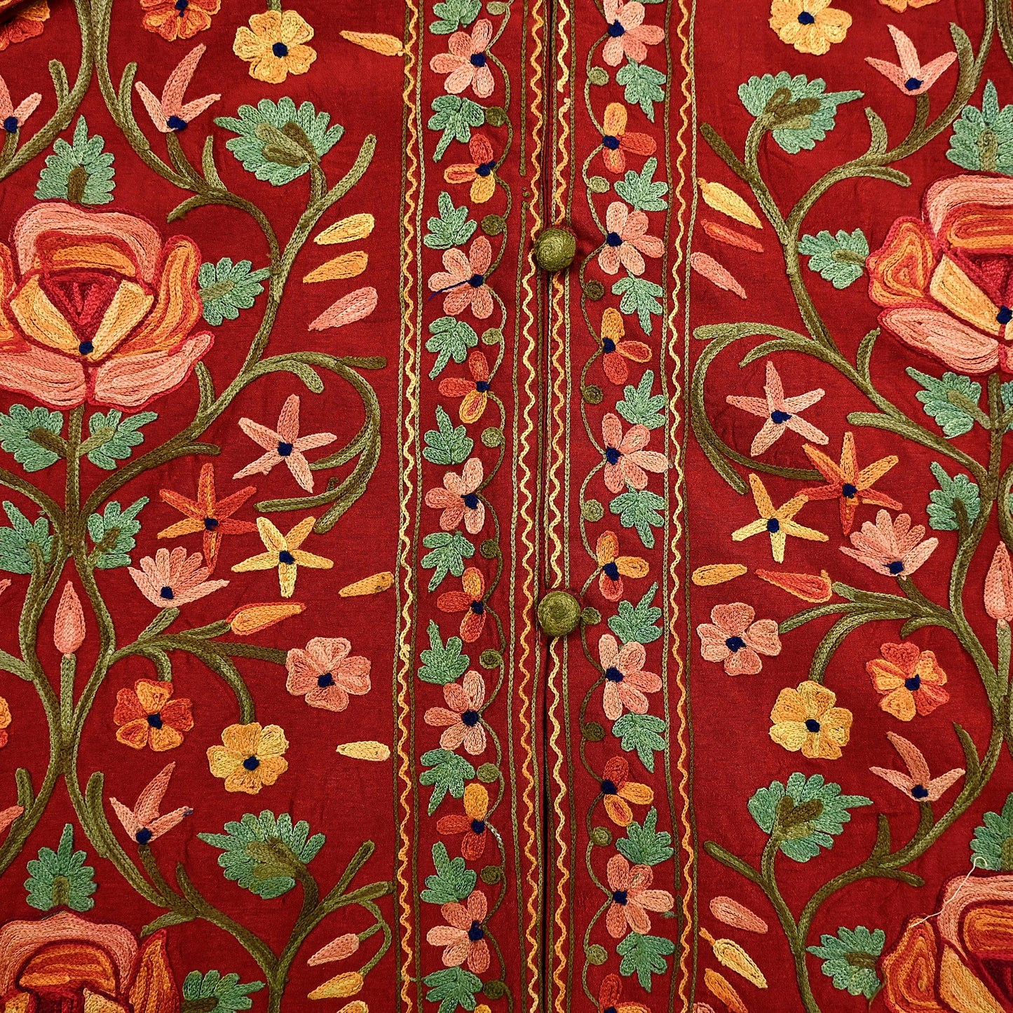 Indian Vintage Red Embroidered Kashmiri Coat, Aari Embroidery, Raw Silk Coat, Boho Jacket For Both Women/Men Indian Coat