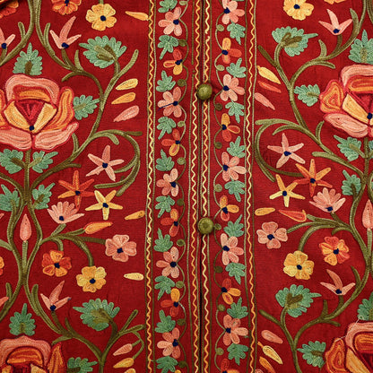 Indian Vintage Red Embroidered Kashmiri Coat, Aari Embroidery, Raw Silk Coat, Boho Jacket For Both Women/Men Indian Coat