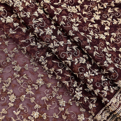 Indian Vintage Heavy Dark Maroon Dupatta Net Mesh Long Stole Hand Embroidered Scarf Zardozi Zari Sequins Stole Bridal Veil