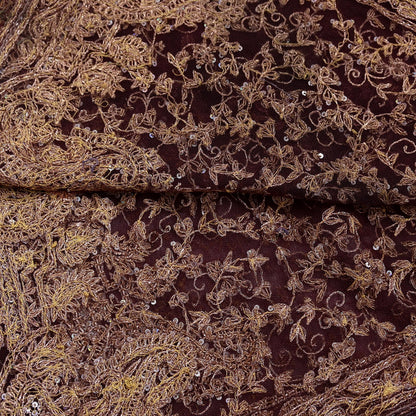 Indian Vintage Heavy Dark Maroon Dupatta Net Mesh Long Stole Hand Embroidered Scarf Zardozi Zari Sequins Stole Bridal Veil