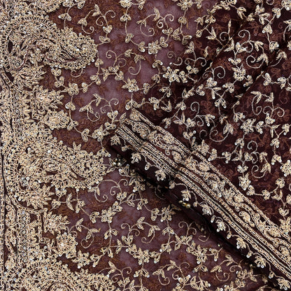 Indian Vintage Heavy Dark Maroon Dupatta Net Mesh Long Stole Hand Embroidered Scarf Zardozi Zari Sequins Stole Bridal Veil