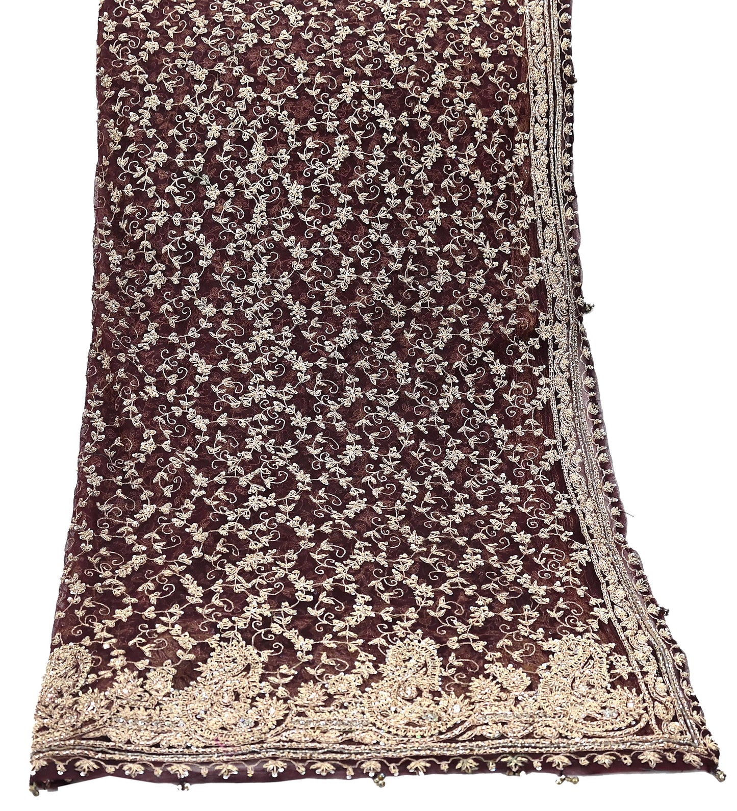 Indian Vintage Heavy Dark Maroon Dupatta Net Mesh Long Stole Hand Embroidered Scarf Zardozi Zari Sequins Stole Bridal Veil