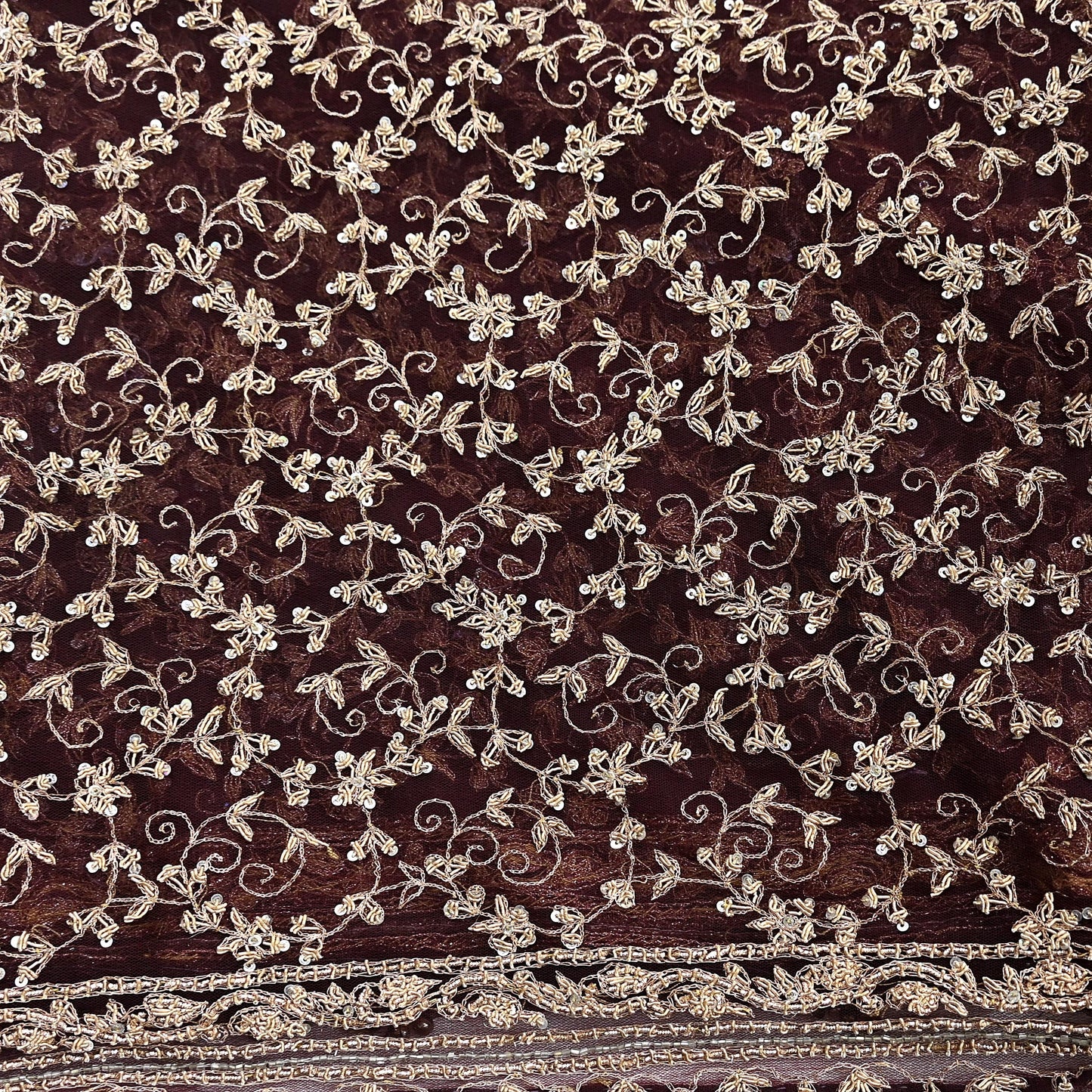 Indian Vintage Heavy Dark Maroon Dupatta Net Mesh Long Stole Hand Embroidered Scarf Zardozi Zari Sequins Stole Bridal Veil