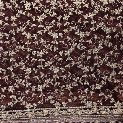 Indian Vintage Heavy Dark Maroon Dupatta Net Mesh Long Stole Hand Embroidered Scarf Zardozi Zari Sequins Stole Bridal Veil