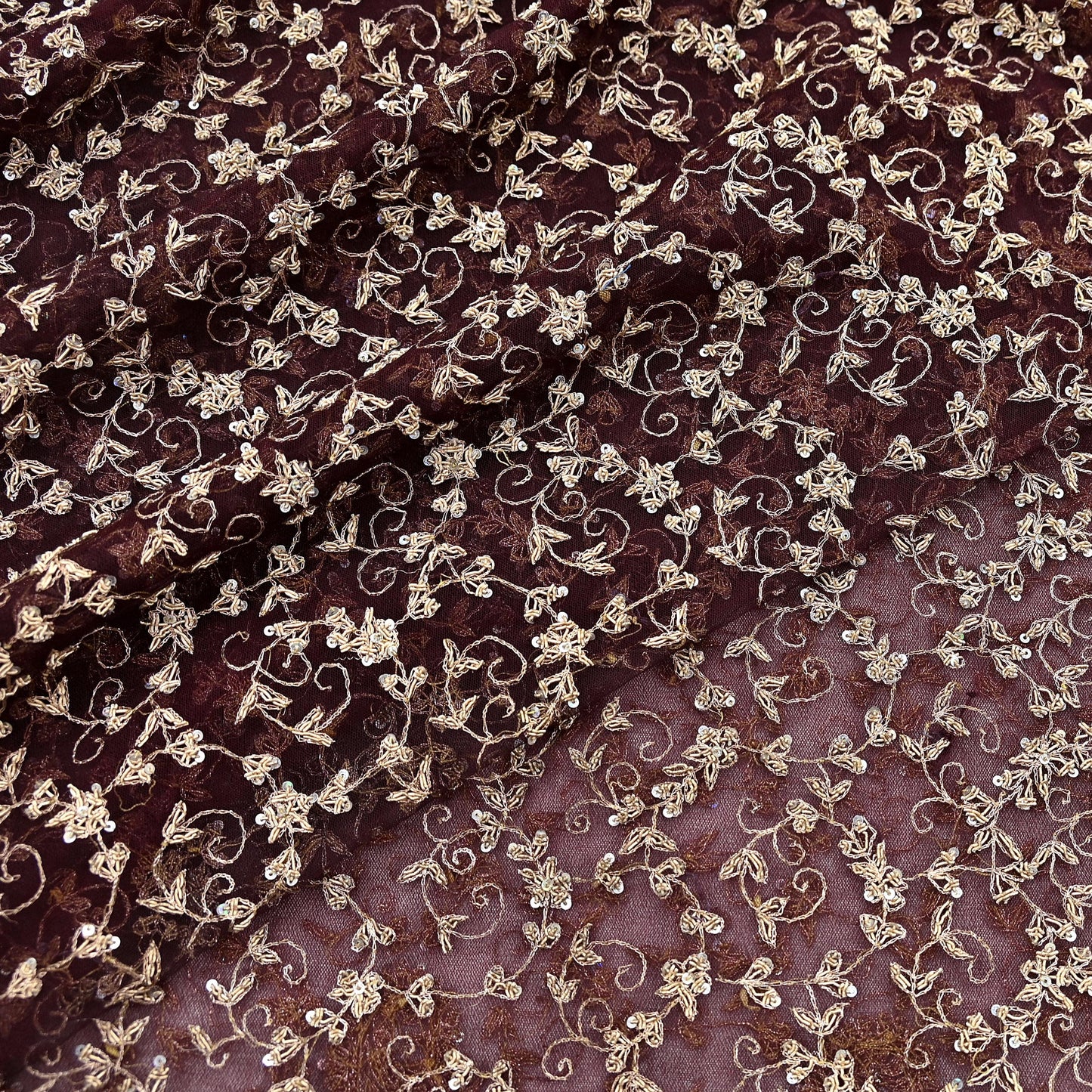 Indian Vintage Heavy Dark Maroon Dupatta Net Mesh Long Stole Hand Embroidered Scarf Zardozi Zari Sequins Stole Bridal Veil