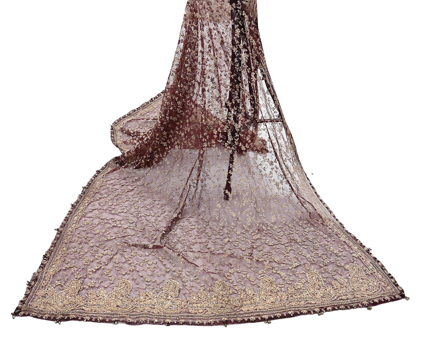 Indian Vintage Heavy Dark Maroon Dupatta Net Mesh Long Stole Hand Embroidered Scarf Zardozi Zari Sequins Stole Bridal Veil