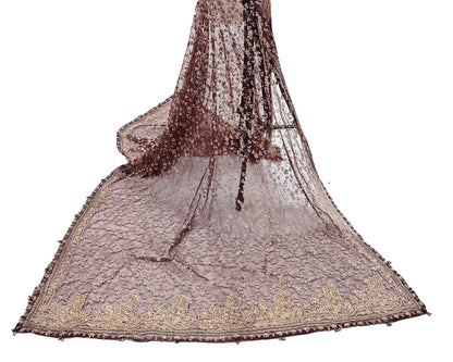 Indian Vintage Heavy Dark Maroon Dupatta Net Mesh Long Stole Hand Embroidered Scarf Zardozi Zari Sequins Stole Bridal Veil