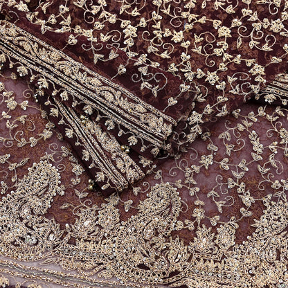 Indian Vintage Heavy Dark Maroon Dupatta Net Mesh Long Stole Hand Embroidered Scarf Zardozi Zari Sequins Stole Bridal Veil