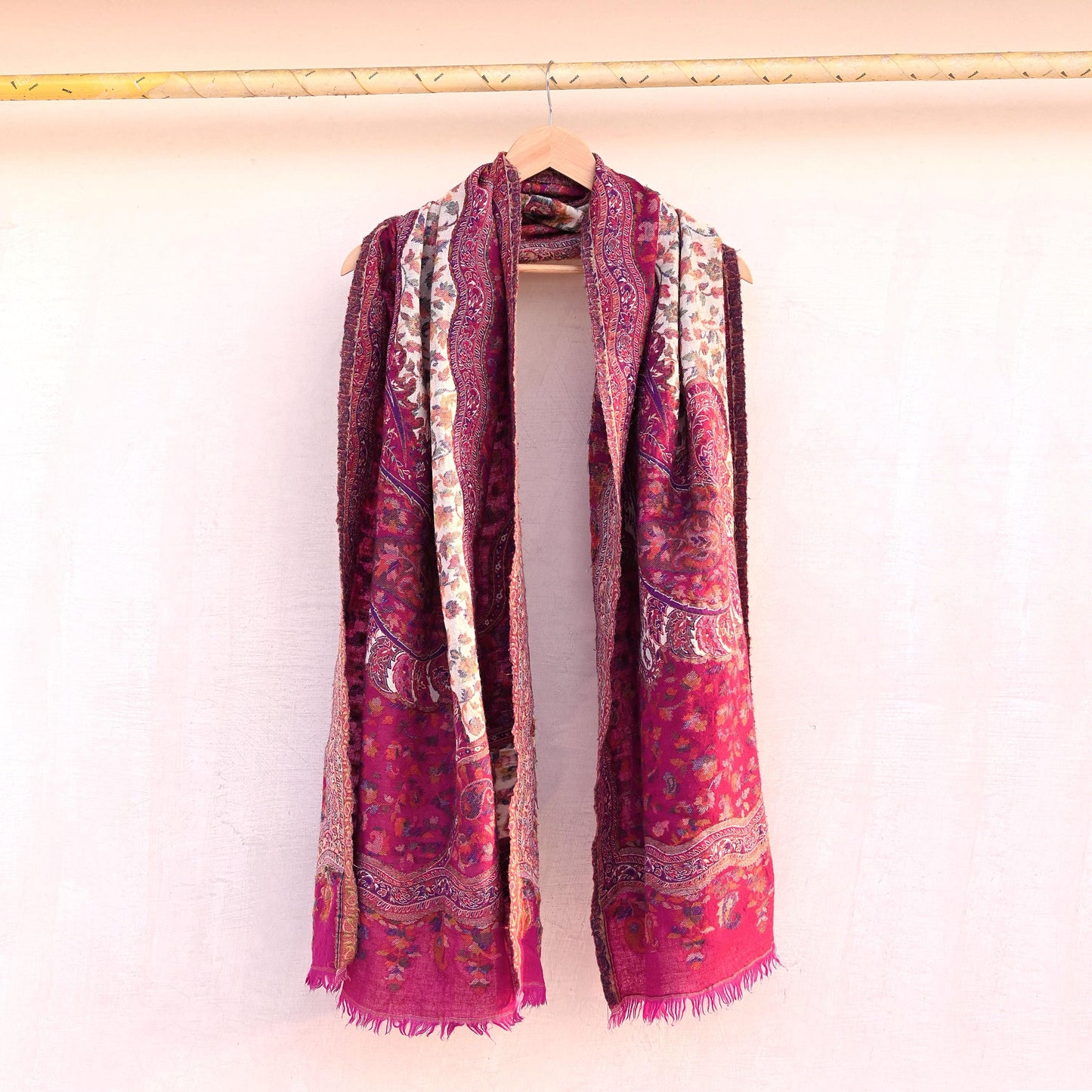 Indian Vintage Ivory & Purple Pure Woolen Shawl Handmade Woven Jamawar Work Long Throw Stole Warm Paisley Design Soft