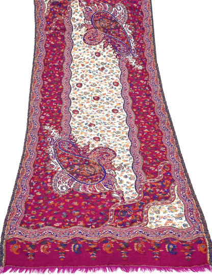 Indian Vintage Ivory & Purple Pure Woolen Shawl Handmade Woven Jamawar Work Long Throw Stole Warm Paisley Design Soft