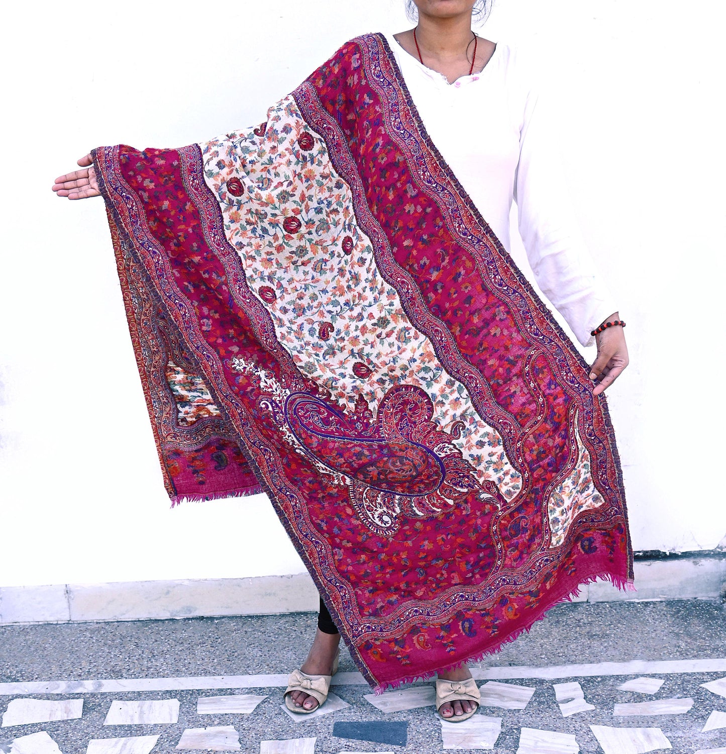 Indian Vintage Ivory & Purple Pure Woolen Shawl Handmade Woven Jamawar Work Long Throw Stole Warm Paisley Design Soft