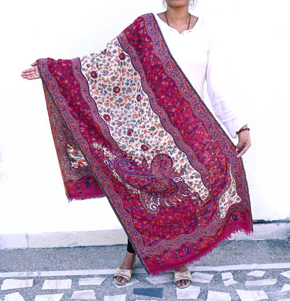 Indian Vintage Ivory & Purple Pure Woolen Shawl Handmade Woven Jamawar Work Long Throw Stole Warm Paisley Design Soft