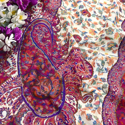Indian Vintage Ivory & Purple Pure Woolen Shawl Handmade Woven Jamawar Work Long Throw Stole Warm Paisley Design Soft