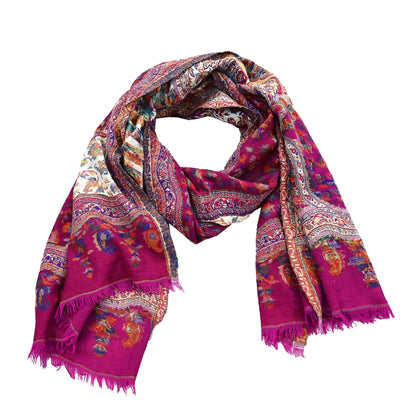 Indian Vintage Ivory & Purple Pure Woolen Shawl Handmade Woven Jamawar Work Long Throw Stole Warm Paisley Design Soft