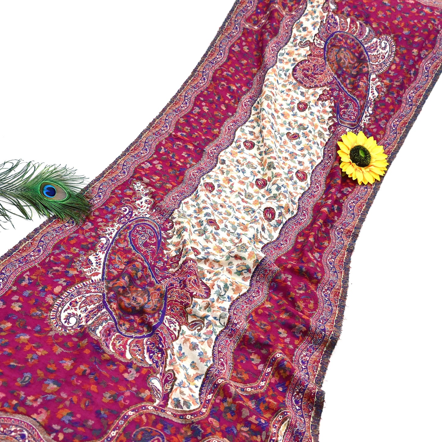 Indian Vintage Ivory & Purple Pure Woolen Shawl Handmade Woven Jamawar Work Long Throw Stole Warm Paisley Design Soft