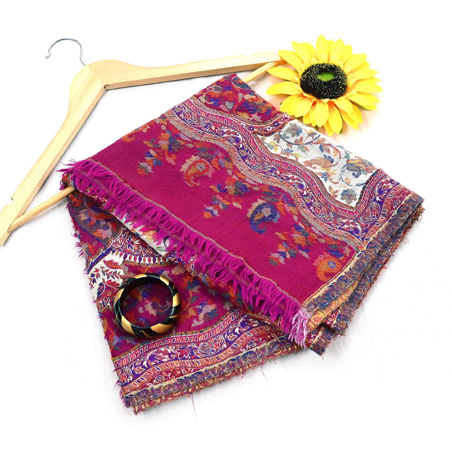 Indian Vintage Ivory & Purple Pure Woolen Shawl Handmade Woven Jamawar Work Long Throw Stole Warm Paisley Design Soft