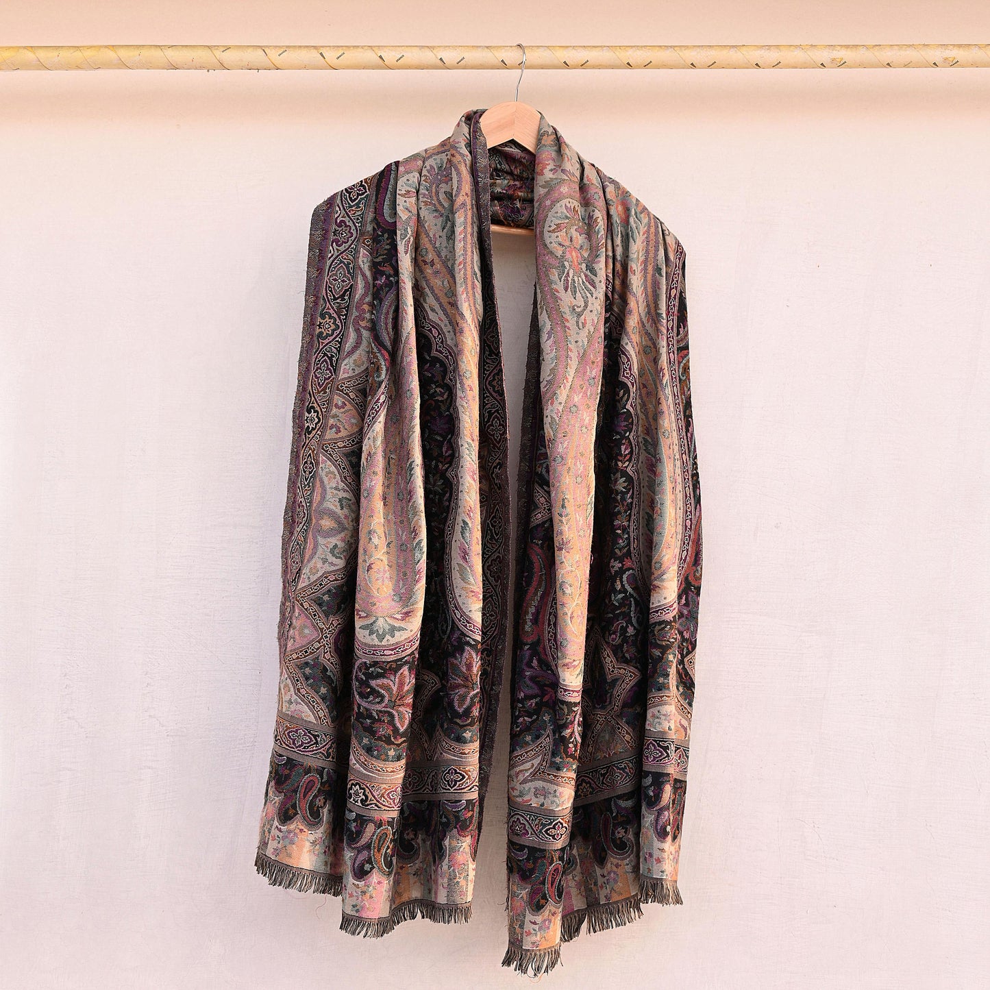 Vintage Stole Black & Beige woolen Handmade Jamawar work Long Throw Warm Stole Paisley Design Fringes