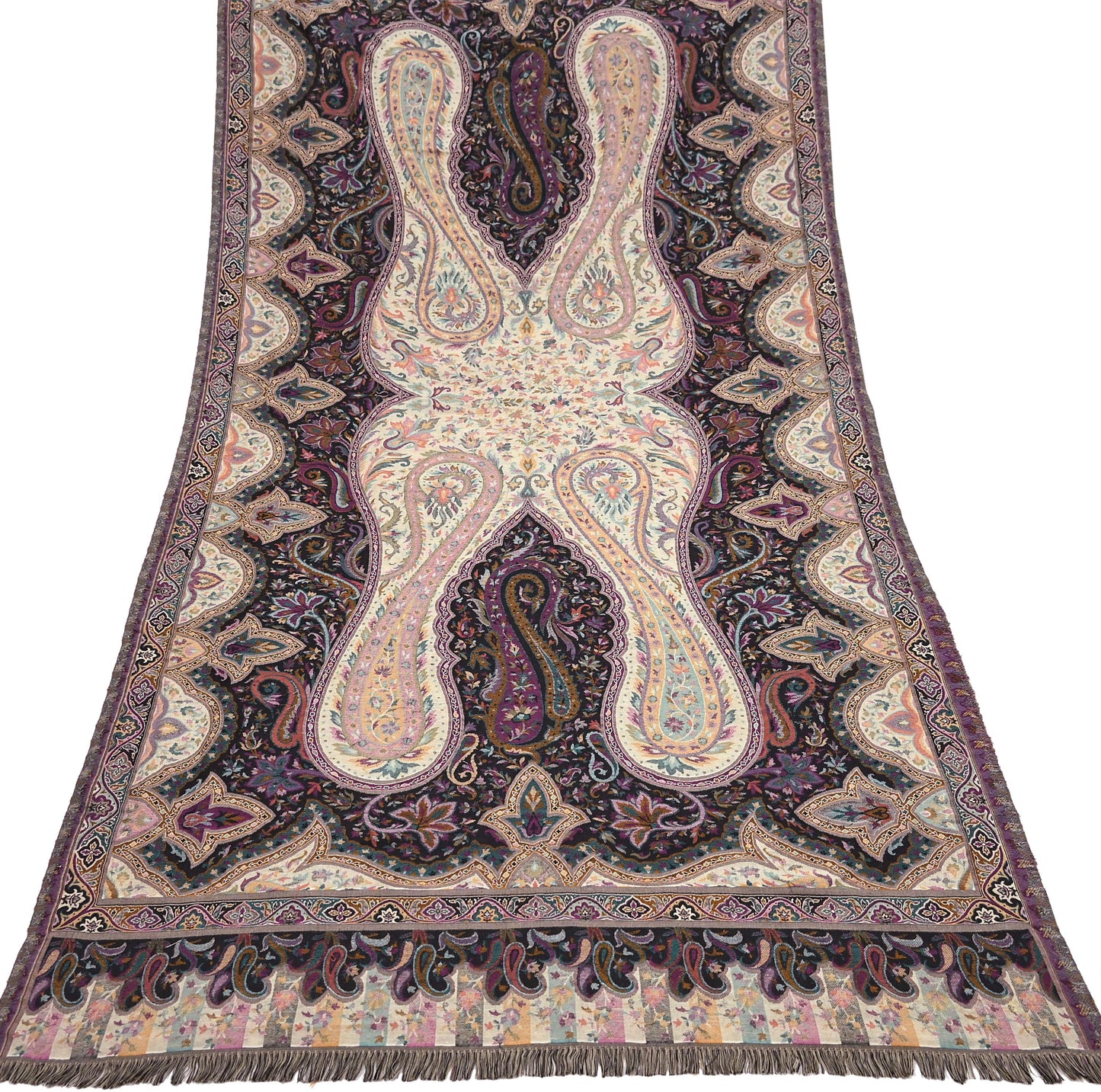 Vintage Stole Black & Beige woolen Handmade Jamawar work Long Throw Warm Stole Paisley Design Fringes